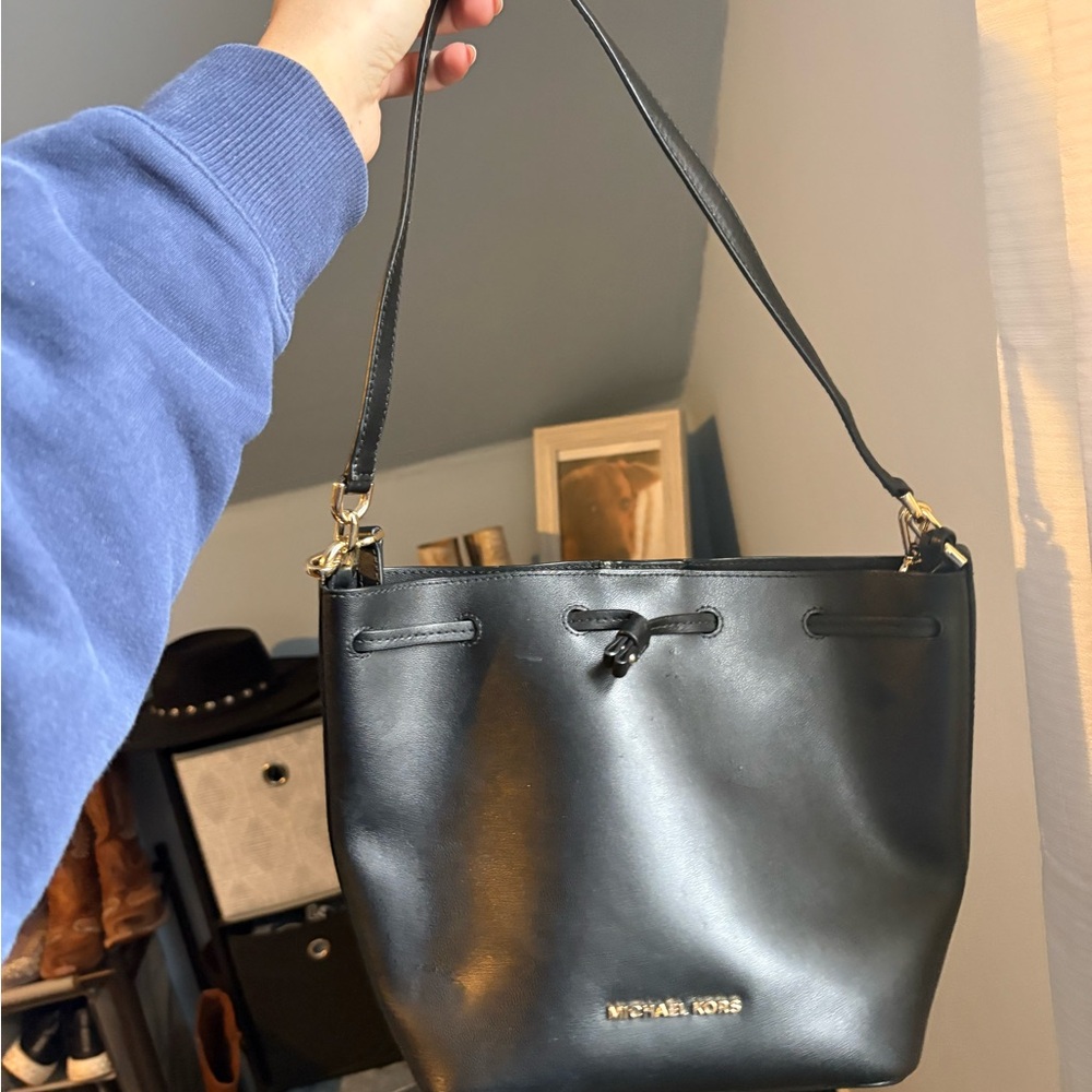 Michael Kors Black Bucket Bag with Gold Accents